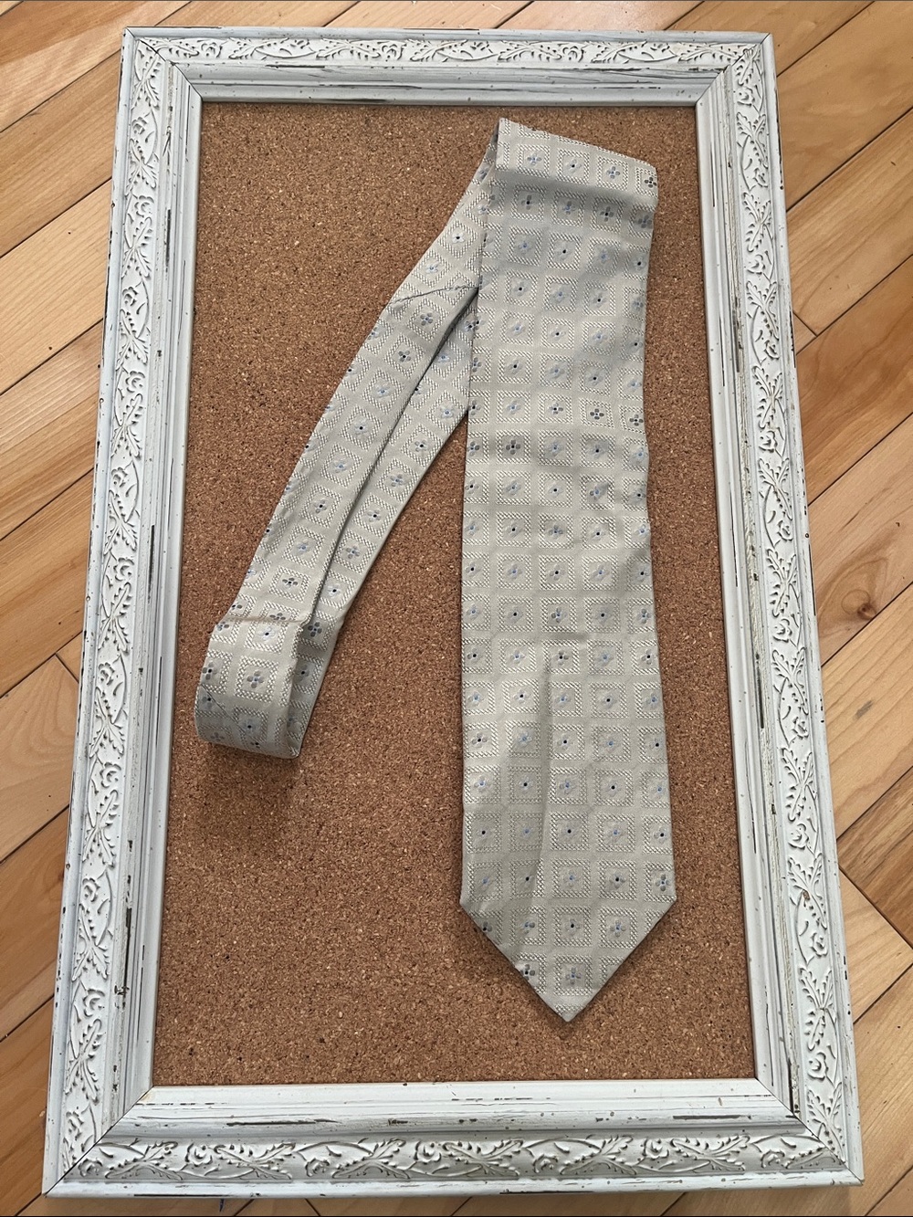 Marks & Spencer Light Beige Geometric Tie with Blue Dot Accents